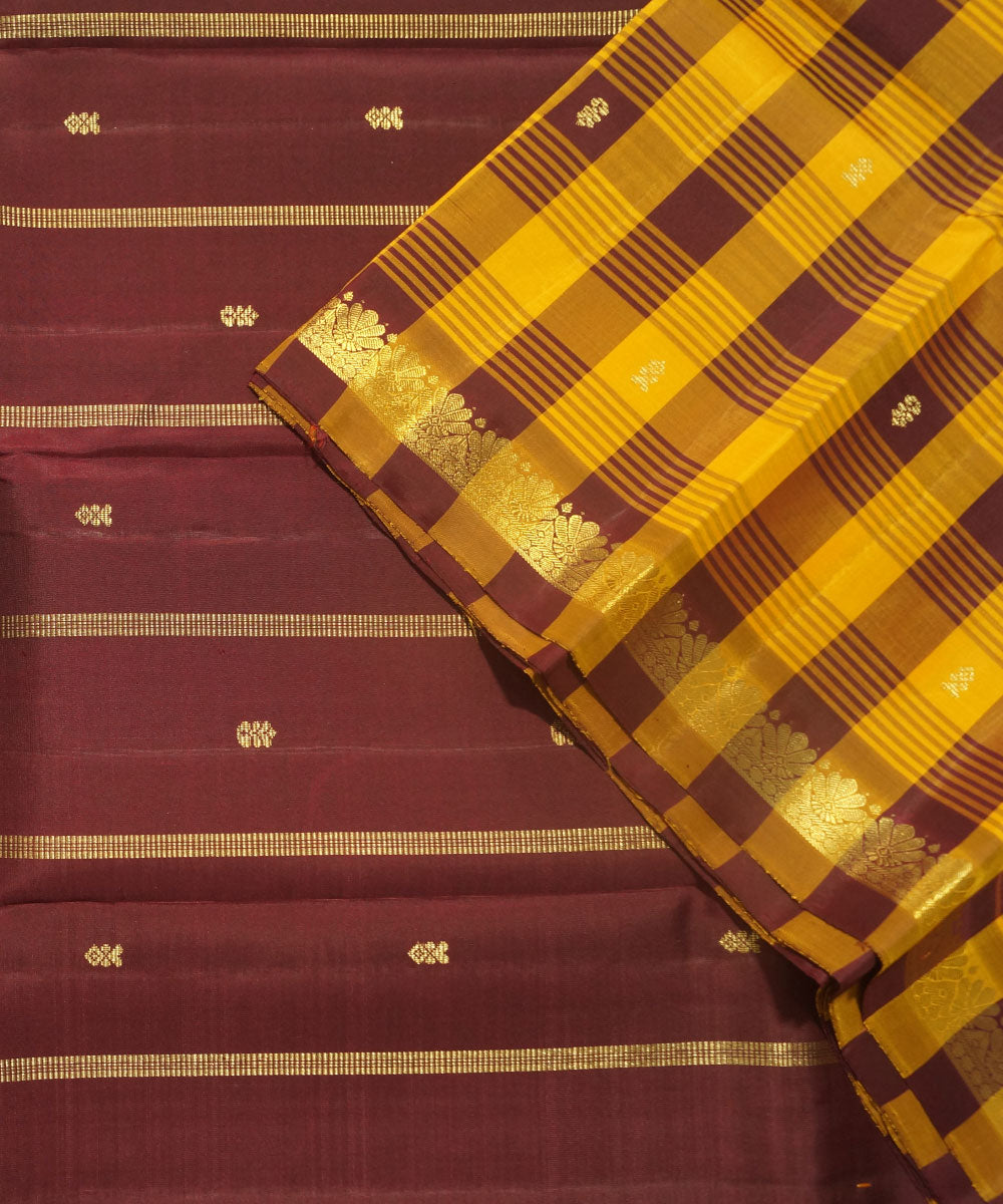 Kanchi Handloom Yellow Brown Check Silk Saree