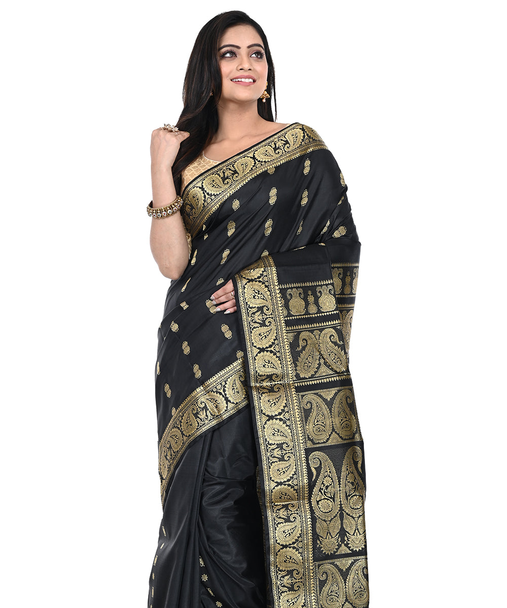 Black handwoven silk baluchari saree