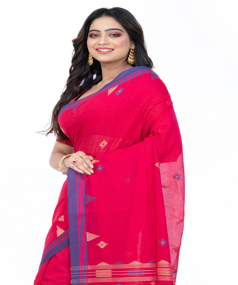 Pink blue cotton handwoven bengal saree
