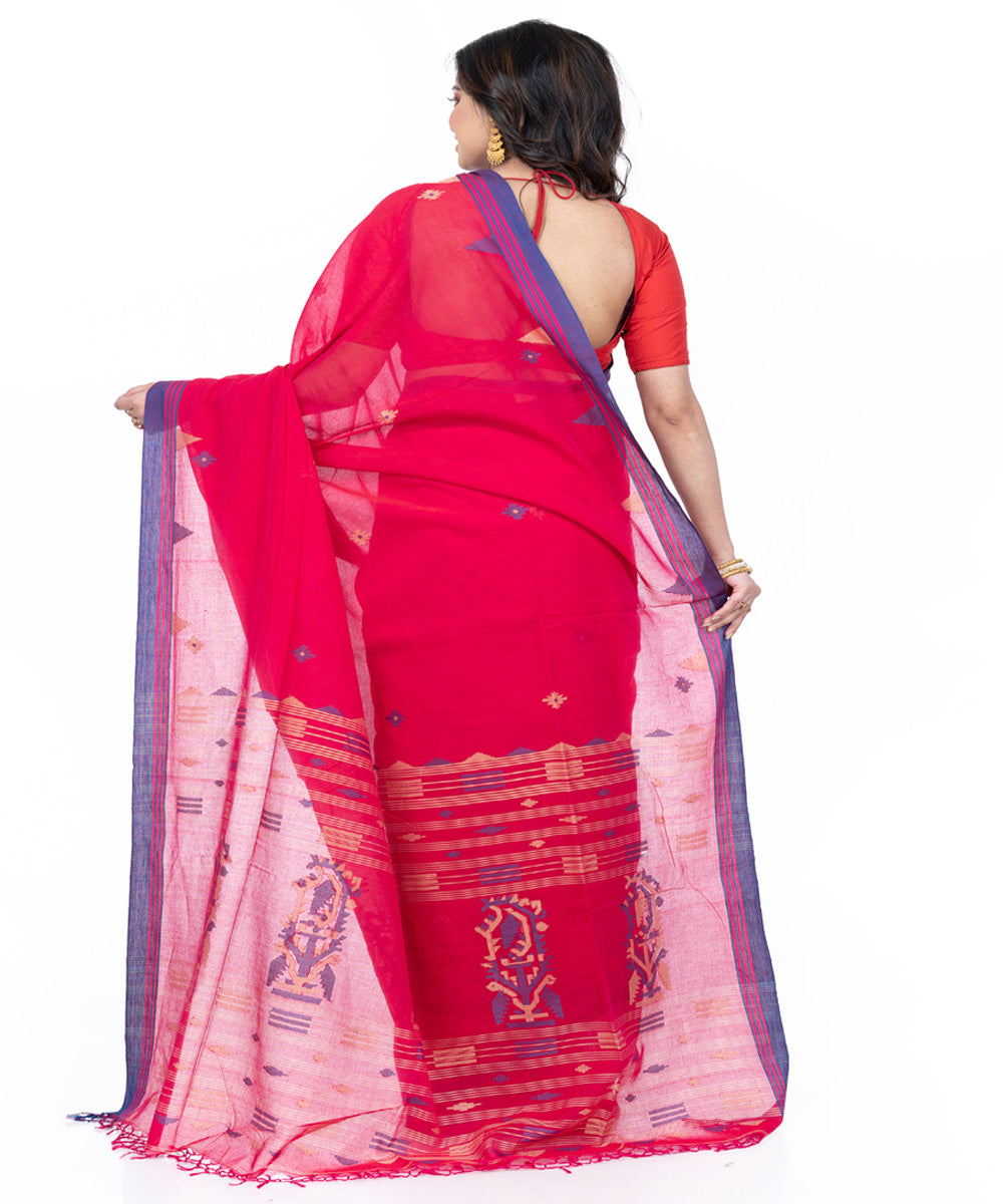 Pink blue cotton handwoven bengal saree