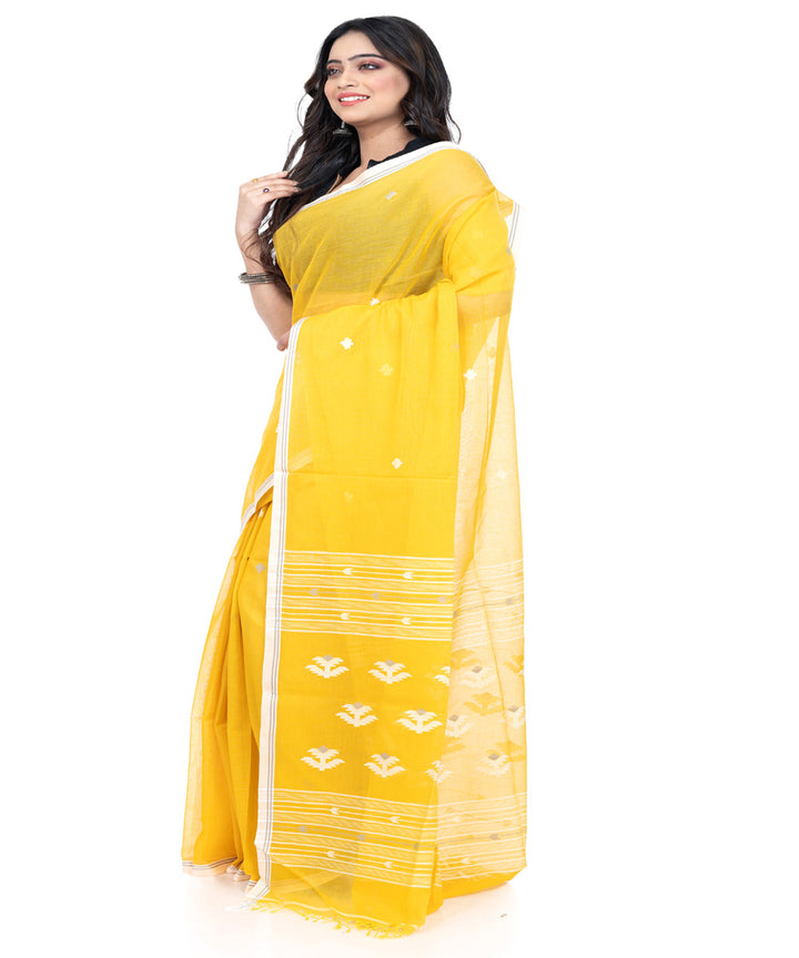 Yellow white cotton handwoven bengal saree