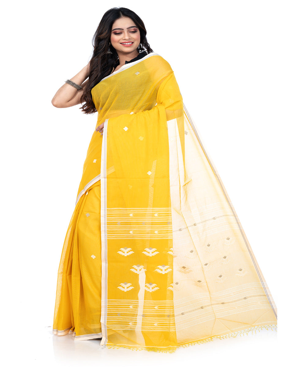 Yellow white cotton handwoven bengal saree