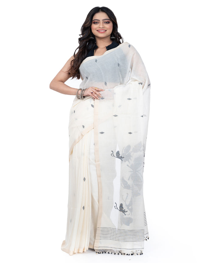 White black cotton handwoven bengal saree