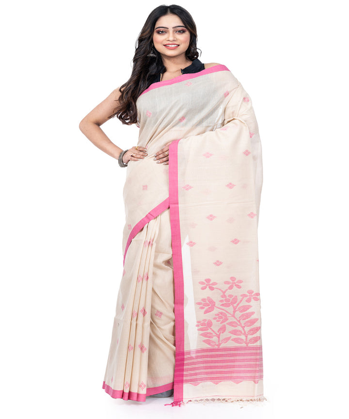 White and pink cotton handwoven bengal saree