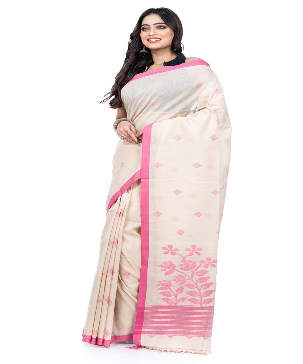 White and pink cotton handwoven bengal saree