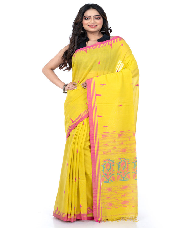 Yellow pink cotton handwoven bengal saree