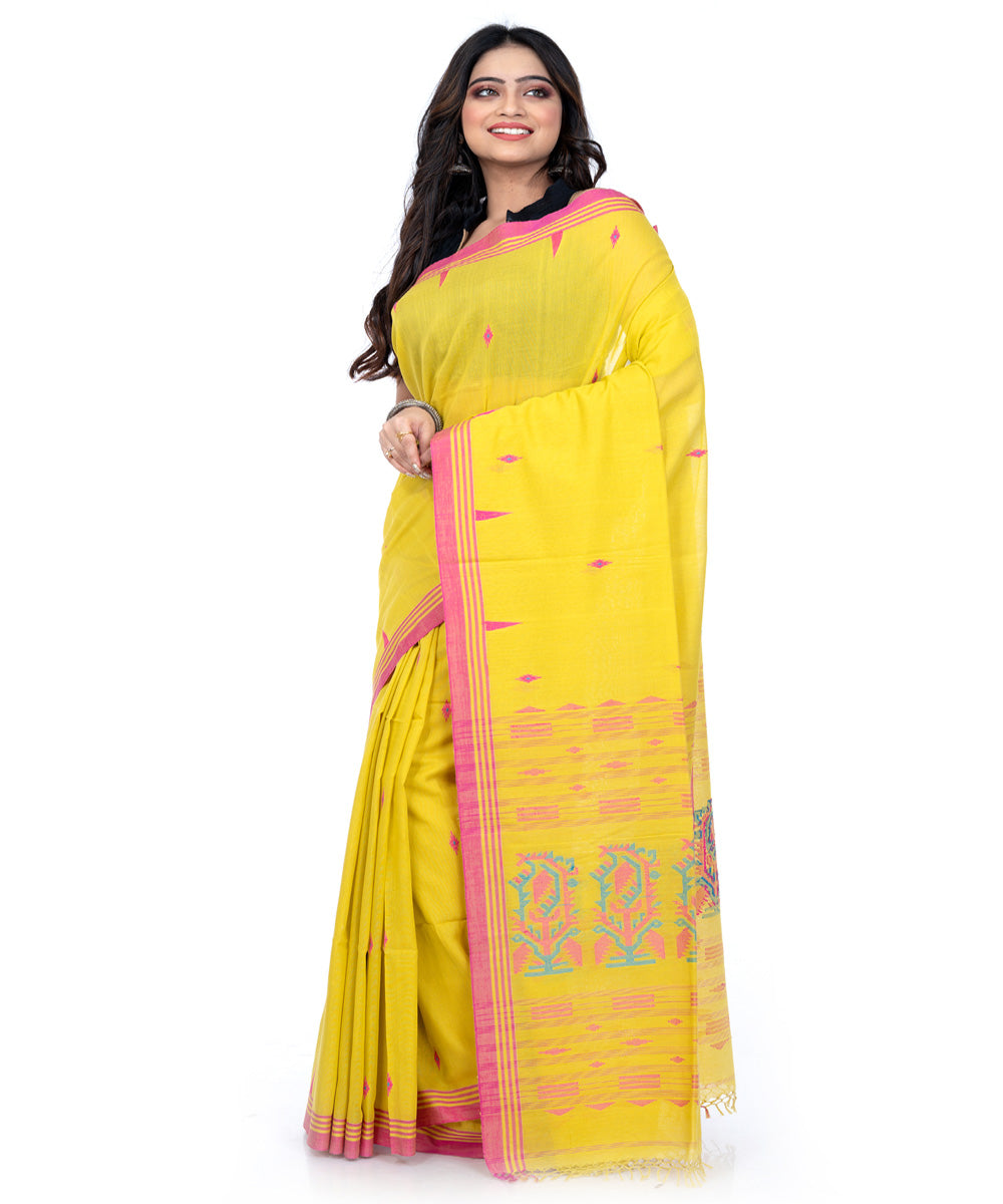 Yellow pink cotton handwoven bengal saree
