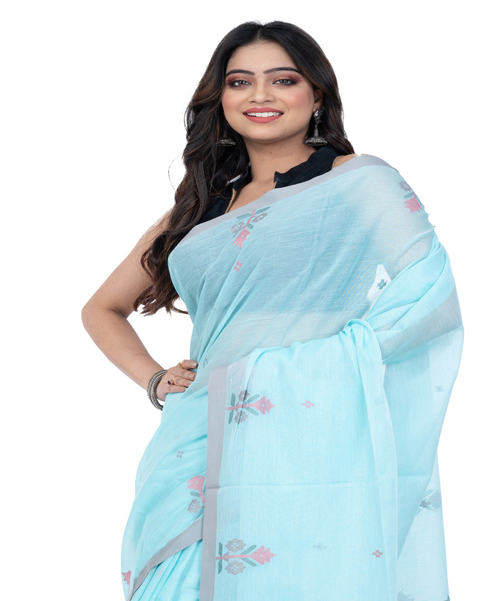 Pale blue cotton handloom bengal saree