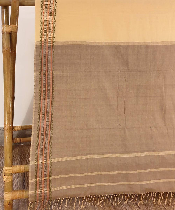 Beige brown assam handwoven cotton saree