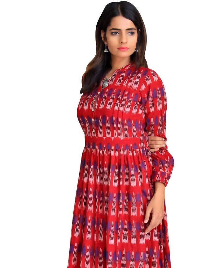 Red cotton ikat full length dress with frills