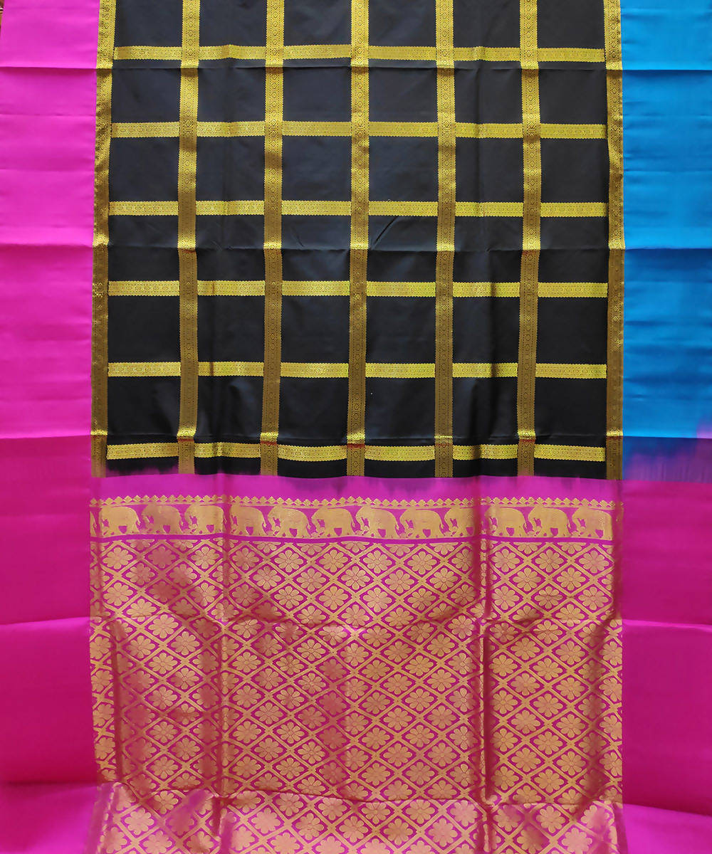 black checks handwoven venkatagiri silk saree with kuttu border