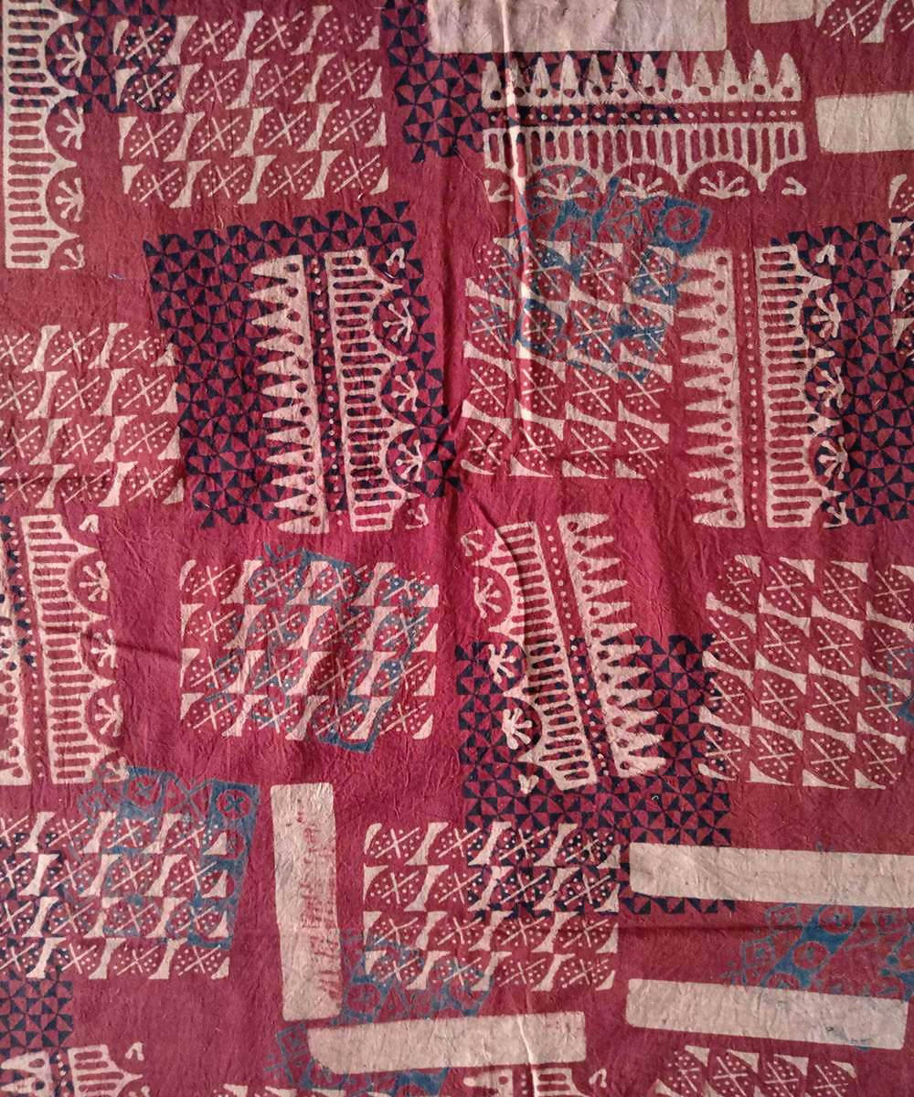 Red natural dye ajrakh block printed handspun handwoven cotton fabric (2.5m per qty)