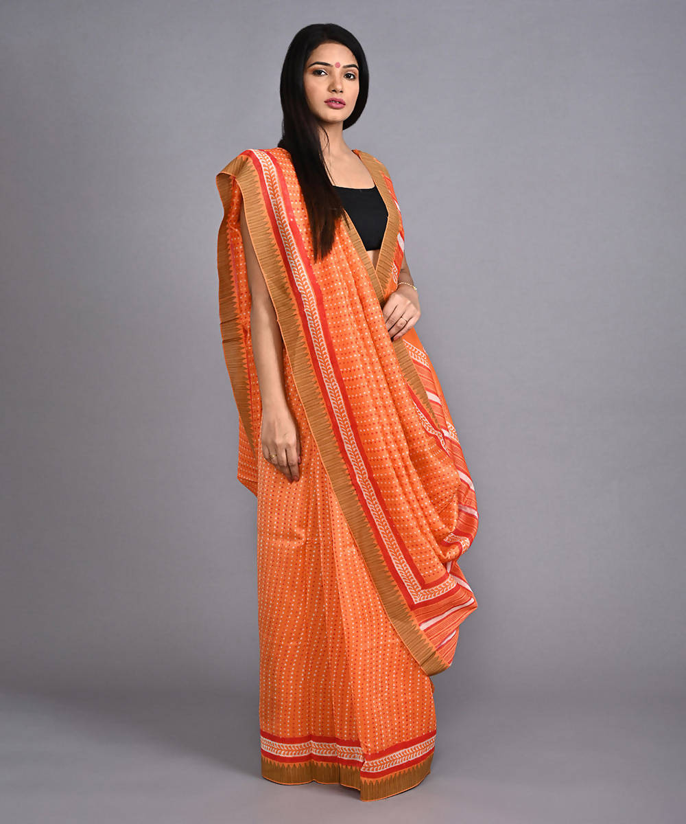 Orange cotton silk hand block printed saree with matching blouse
