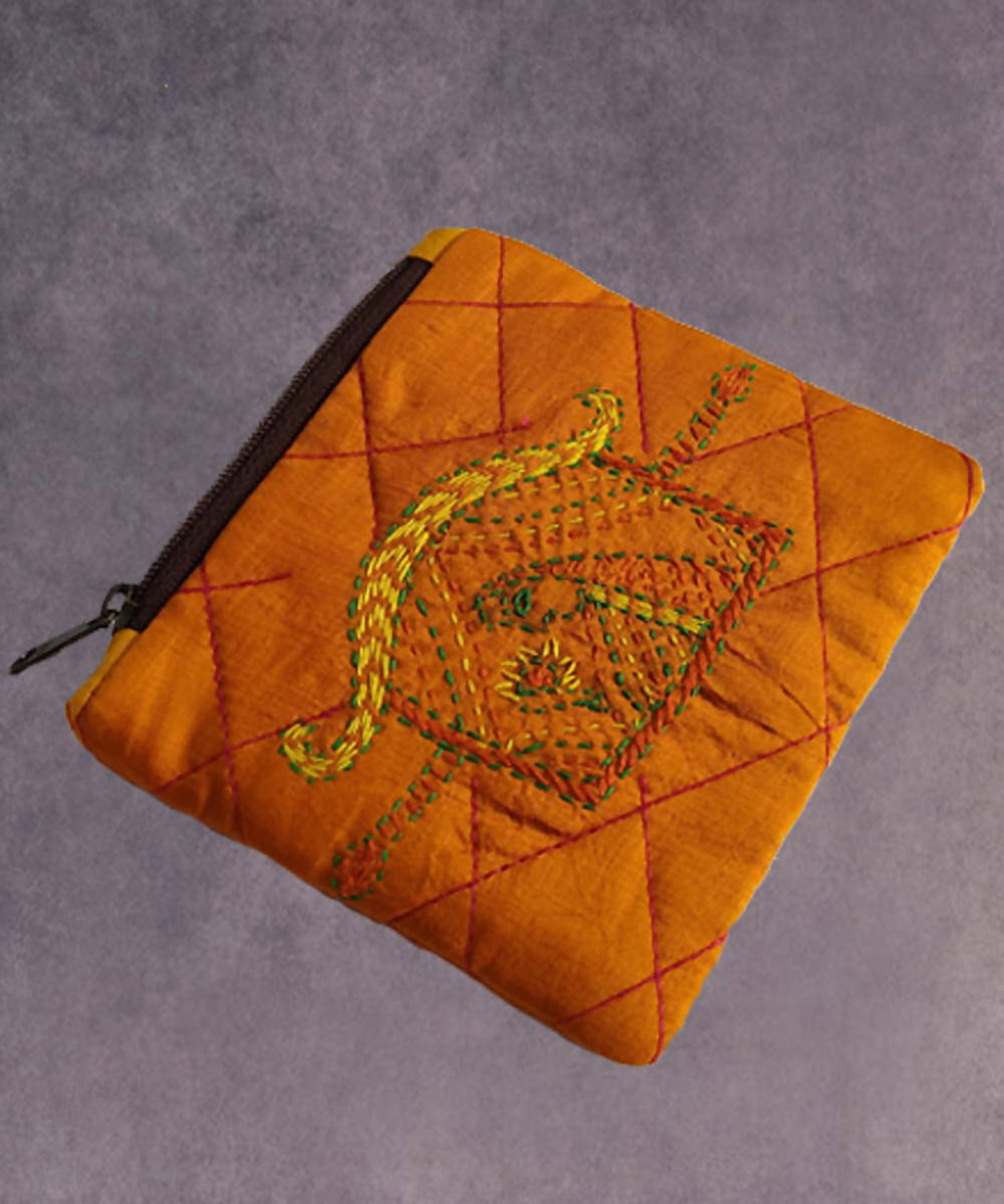 Mustard orange hand made kantha stitch silk coin purse