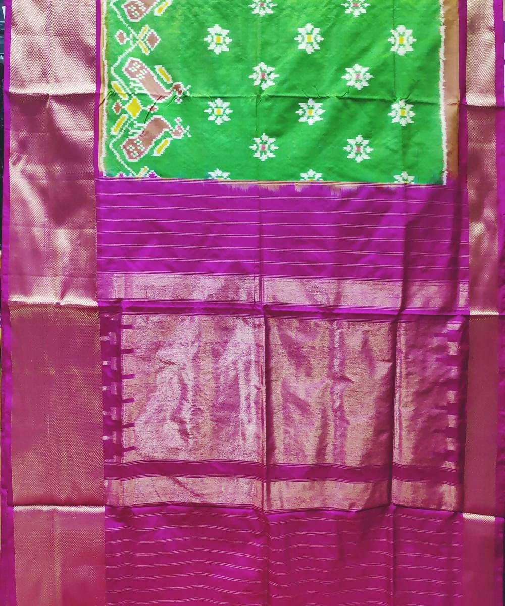 Green and pink handwoven ikat silk pochampally saree