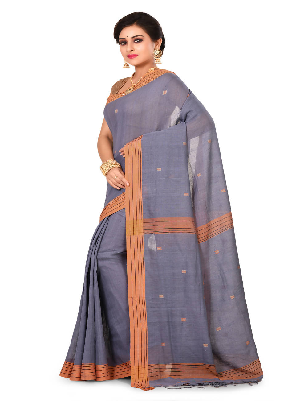 Grey Bengal Handspun Handloom cotton blend saree
