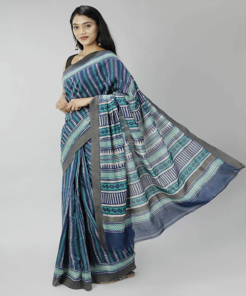Cyan blue bagru handblock printed cotton silk saree