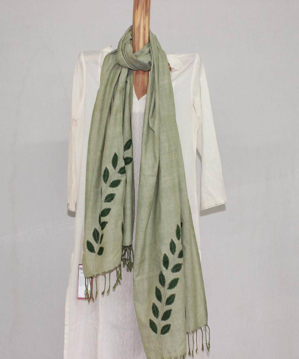 Light green cotton with hand crafted leaf motif stole