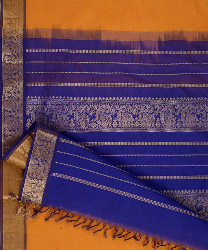 Mustard kanjivaram silk cotton saree with blue border
