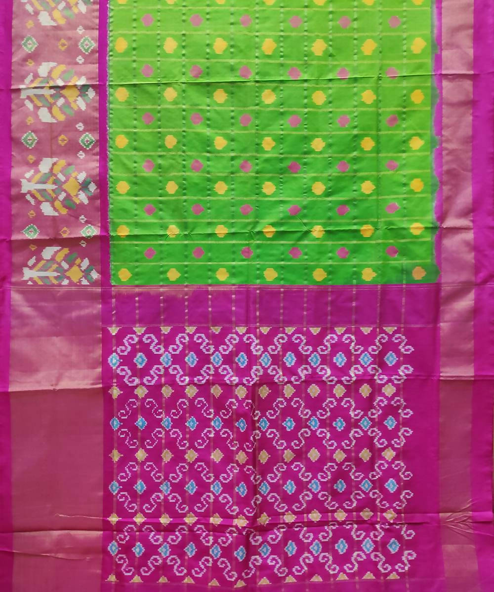 Green and pink handwoven ikat silk pochampally saree