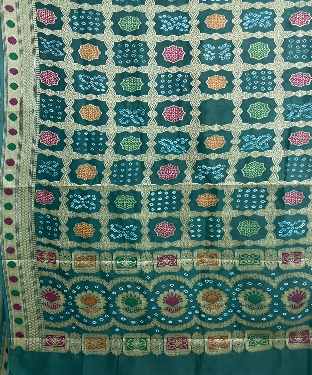 Bottle green handcrafted tie dye bandhani silk saree
