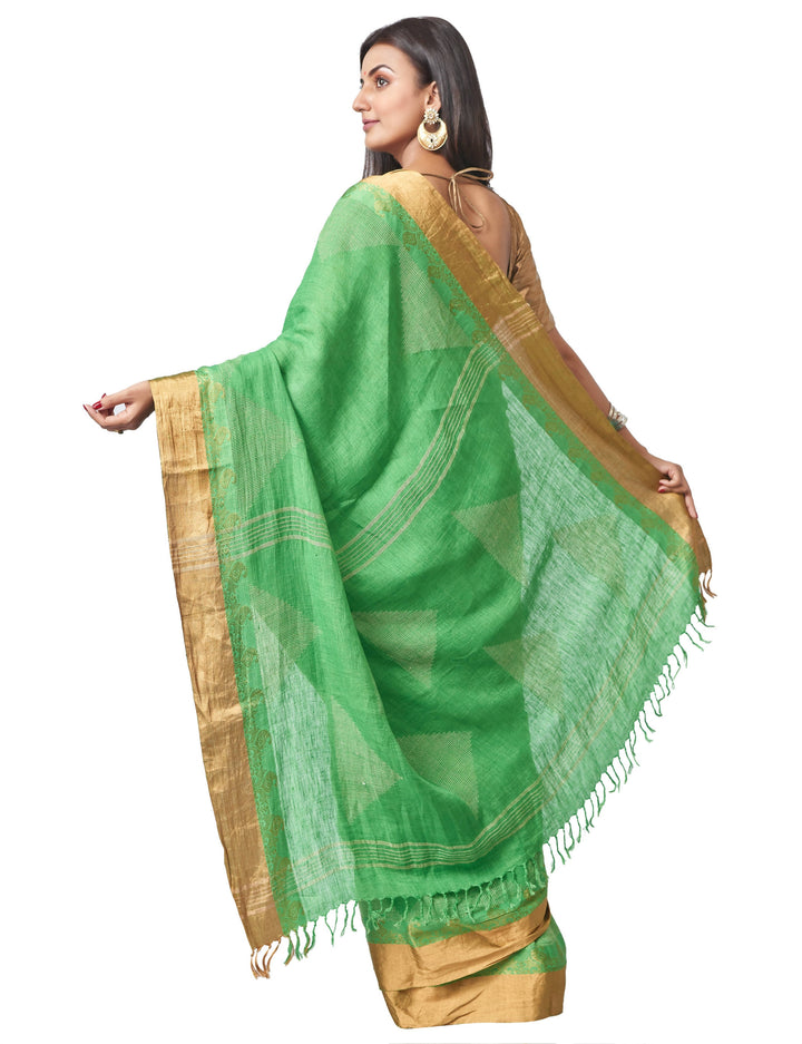Biswa bangla handloom green linen nettle jacquard saree with zari work