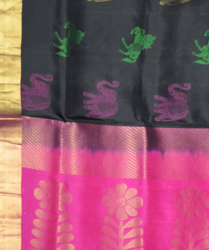 Black Rani Pink Handloom Soft Silk Saree