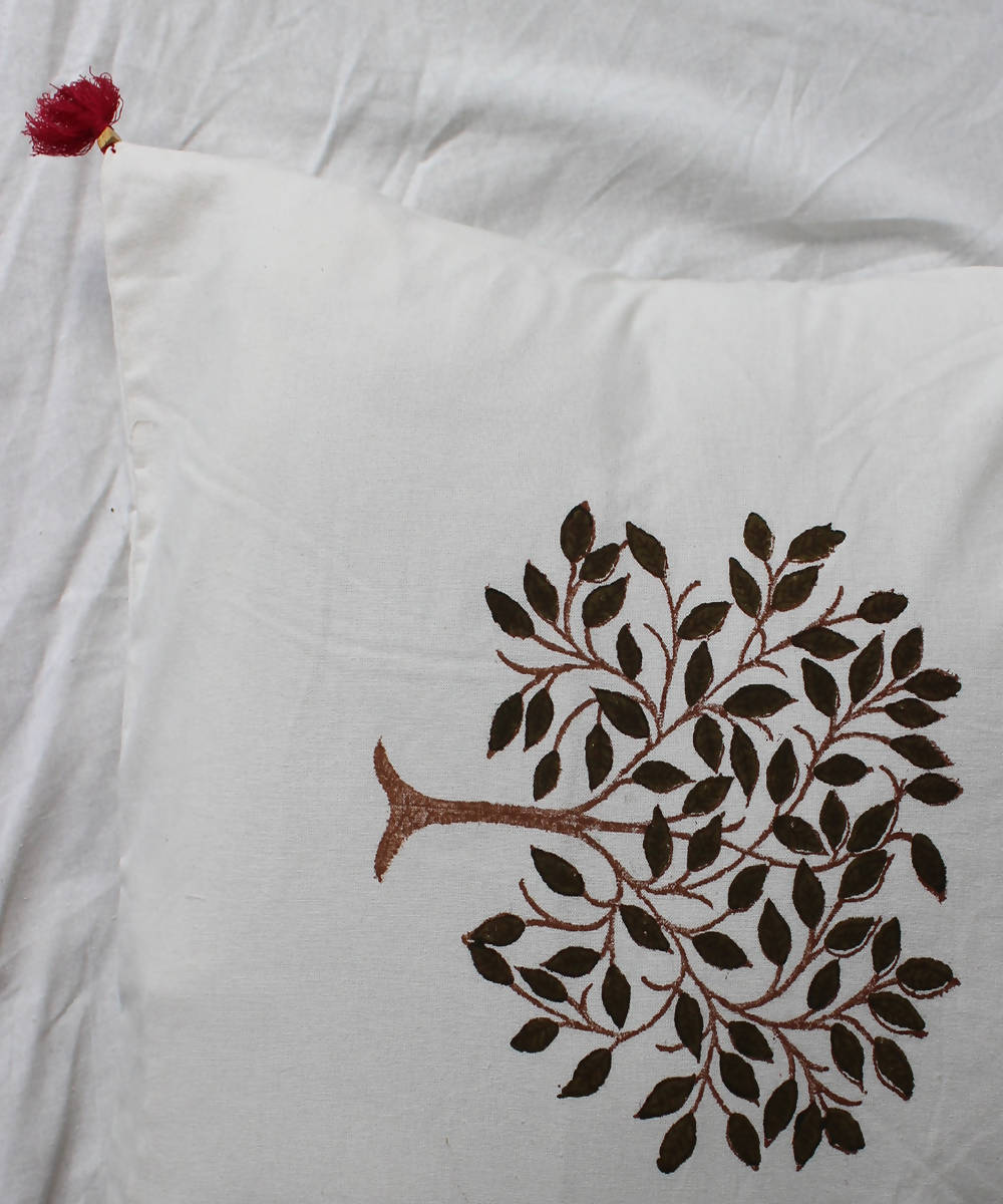 Handblock printed beige ivory cotton cushion cover