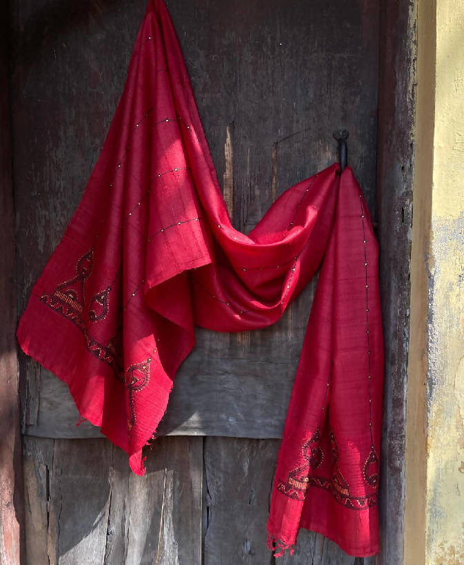 Red handpainted godana art handwoven tussar silk stole
