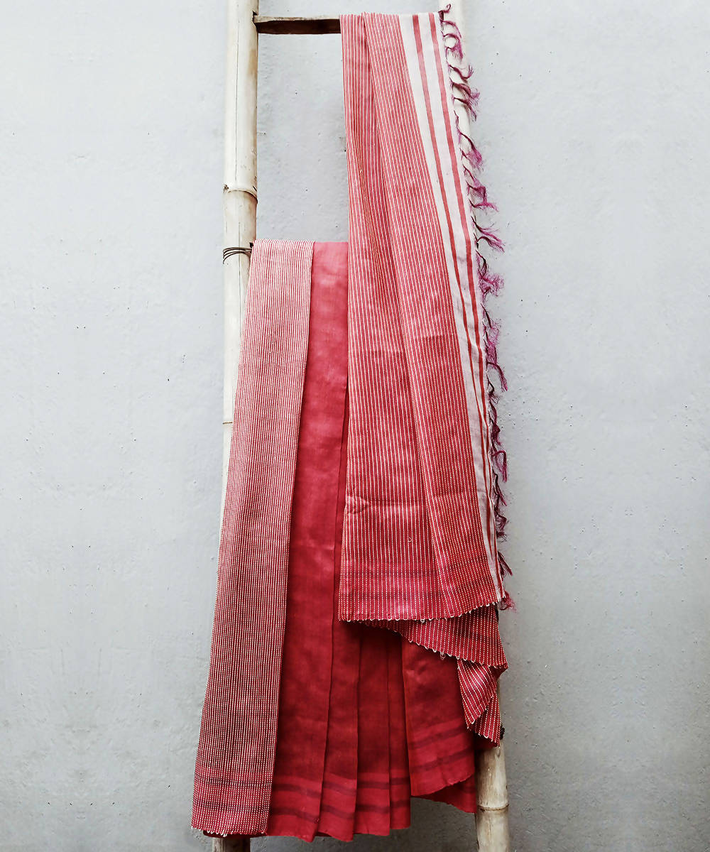 Maroon white hand woven extra weft cotton silk saree