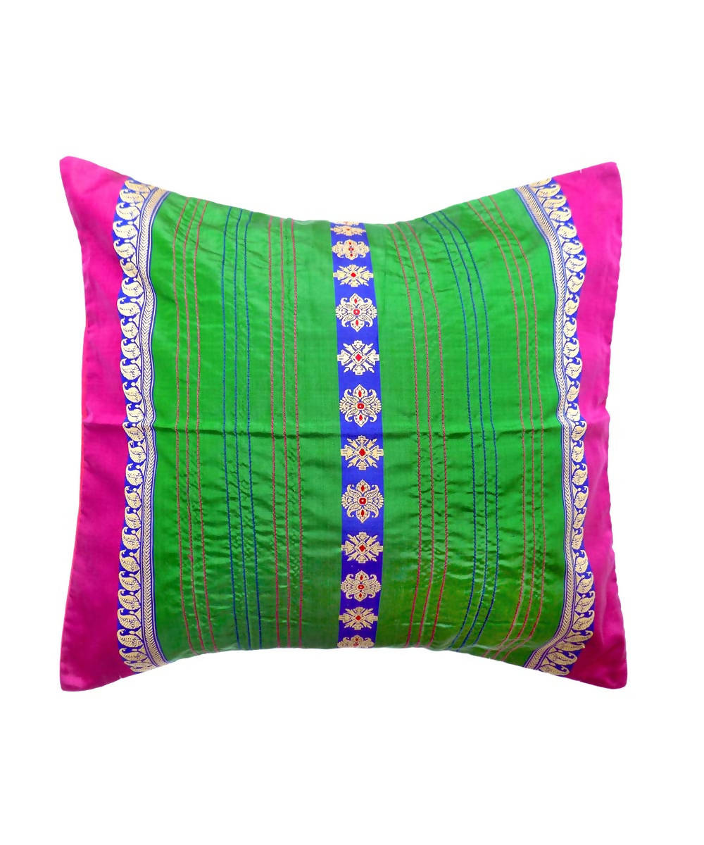 Green pink striped hand embroidery silk cushion cover
