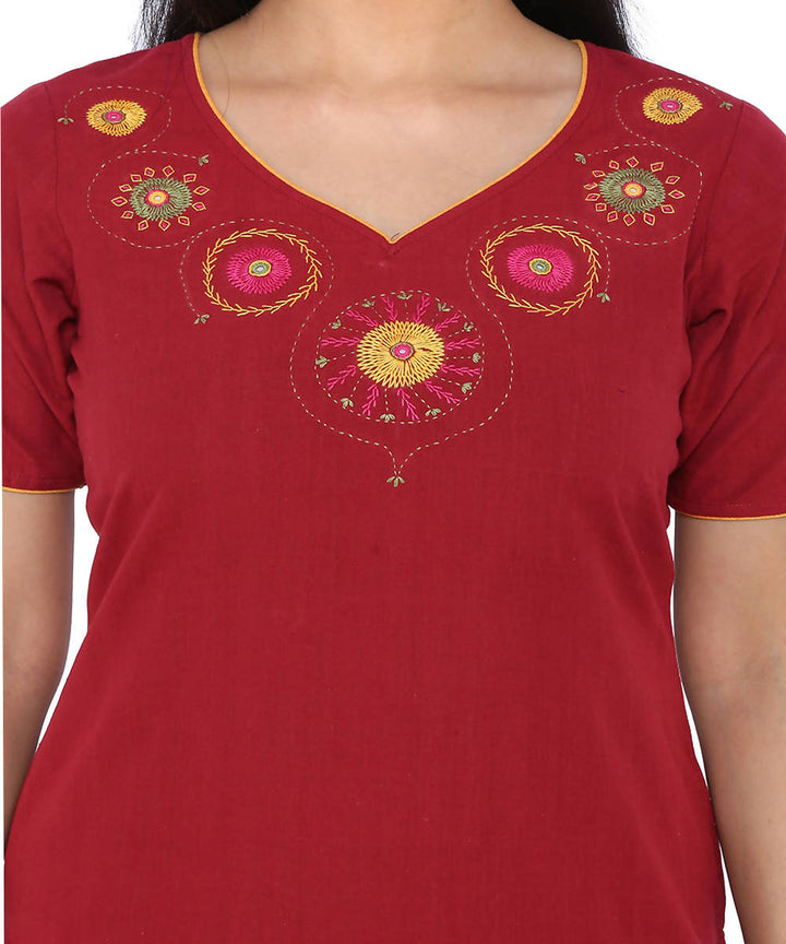 Red hand embroidery straight handloom cotton kurta