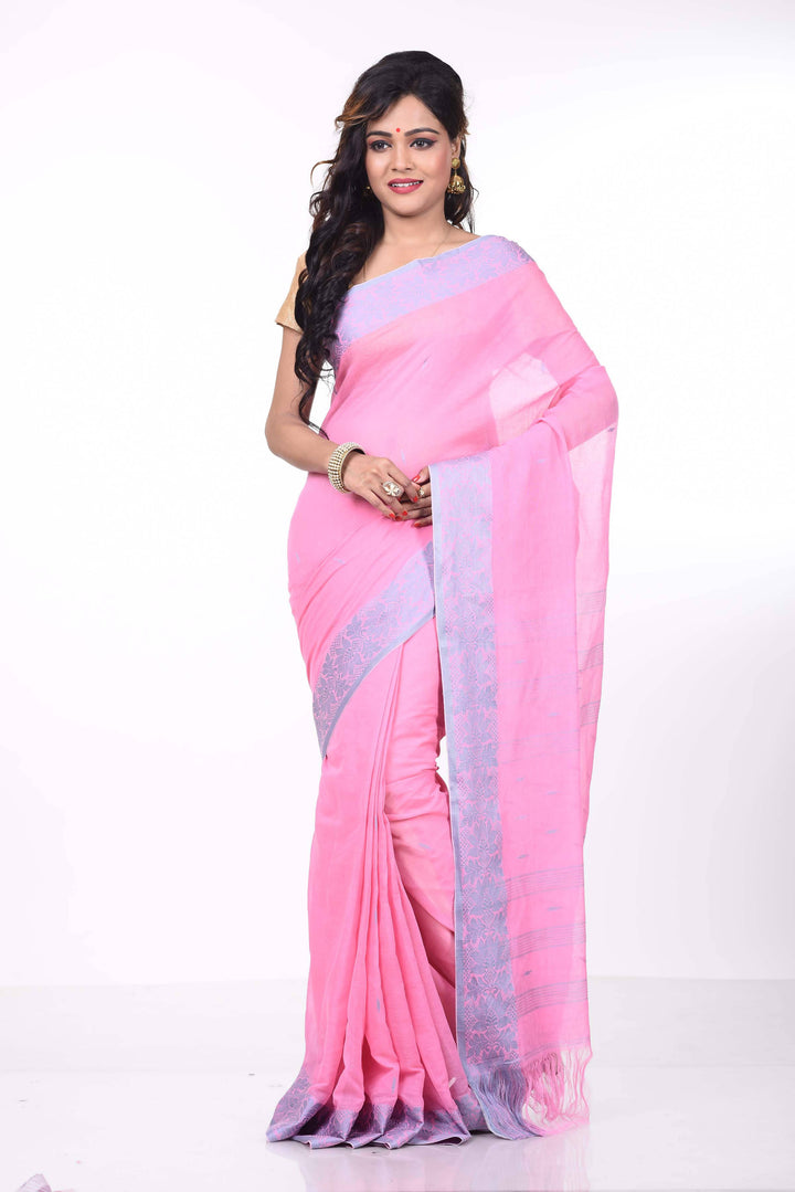 India handloom Brand Bengal Shantipuri Pink saree
