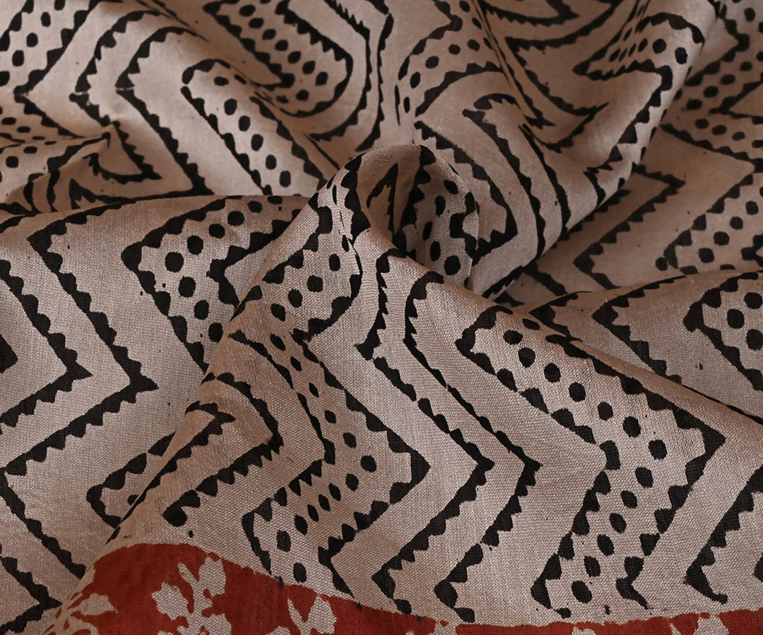 Black cotton silk hand block printed saree with matching blouse