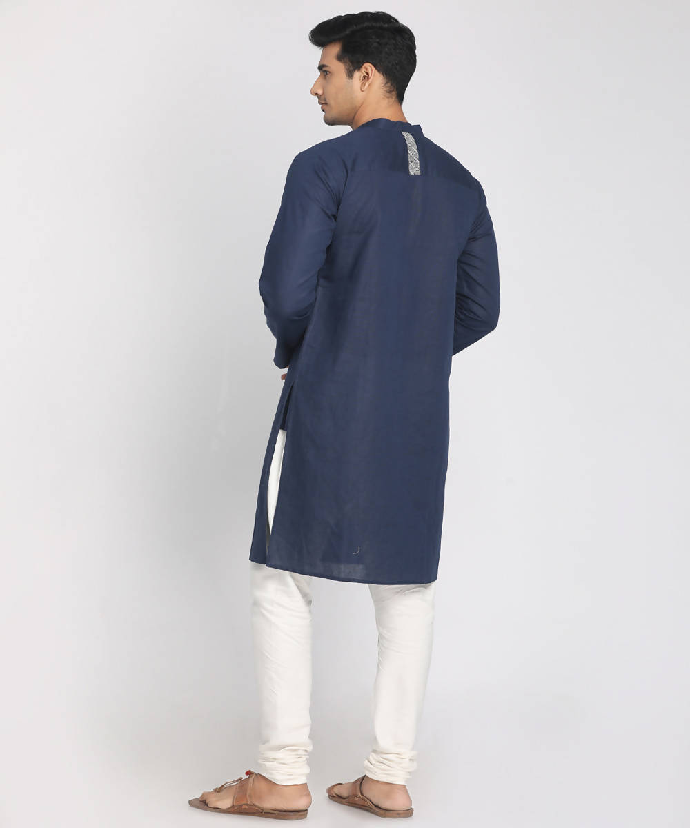 Navy blue cotton linen zari embroidery long kurta