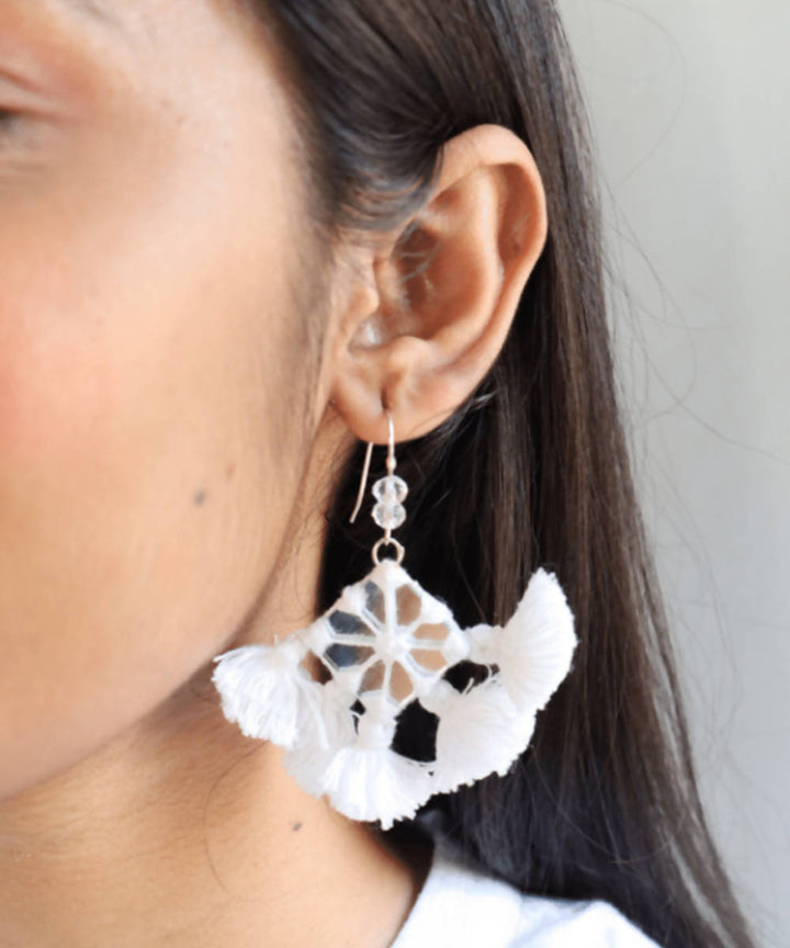 White handmade cotton and mirror with crystel earring