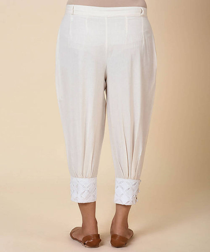 Natural white handcrafted kora cotton womens cuff pants with cutwork embroidery