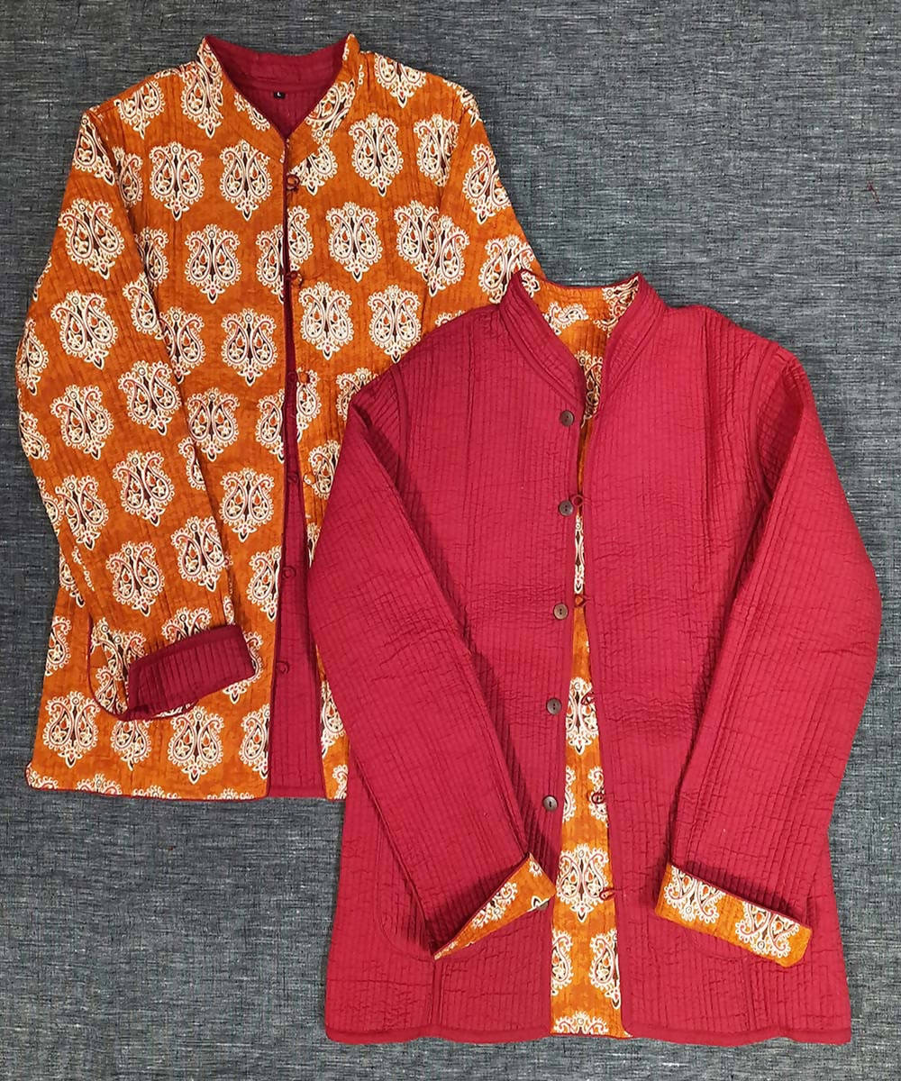 Red and orange block print reversible jacket with cotton quilting