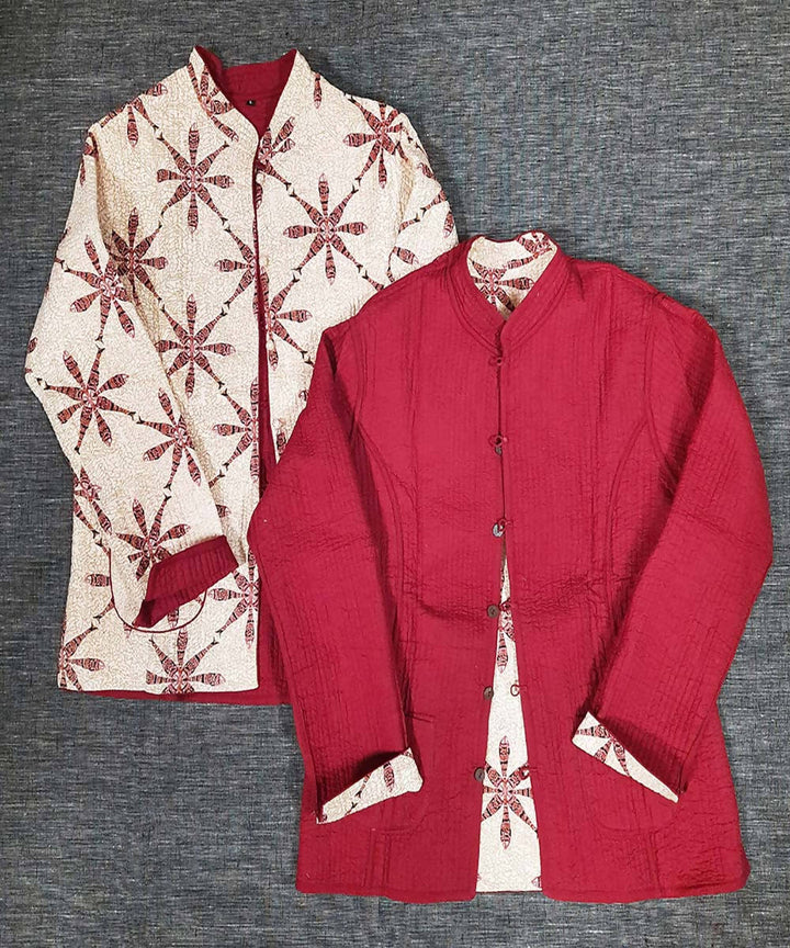 White and maroon block printed reversible jacket with cotton quilting