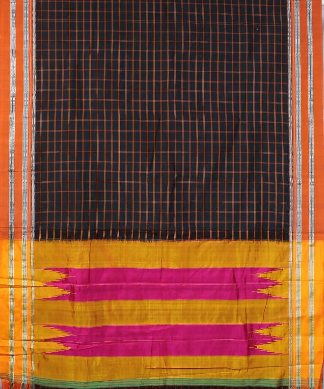 black orange checks handloom gomi dadi border ilkal saree