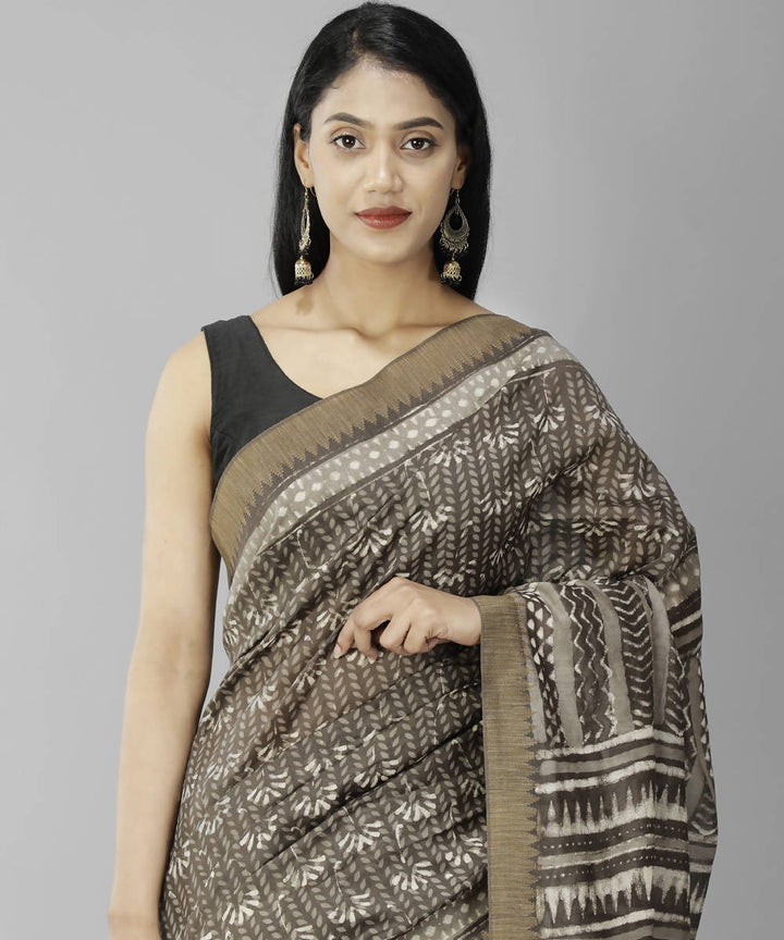 Dark brown bagru handblock printed cotton silk saree