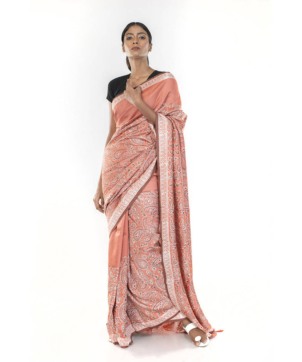 Light orange hand block print bengal silk saree