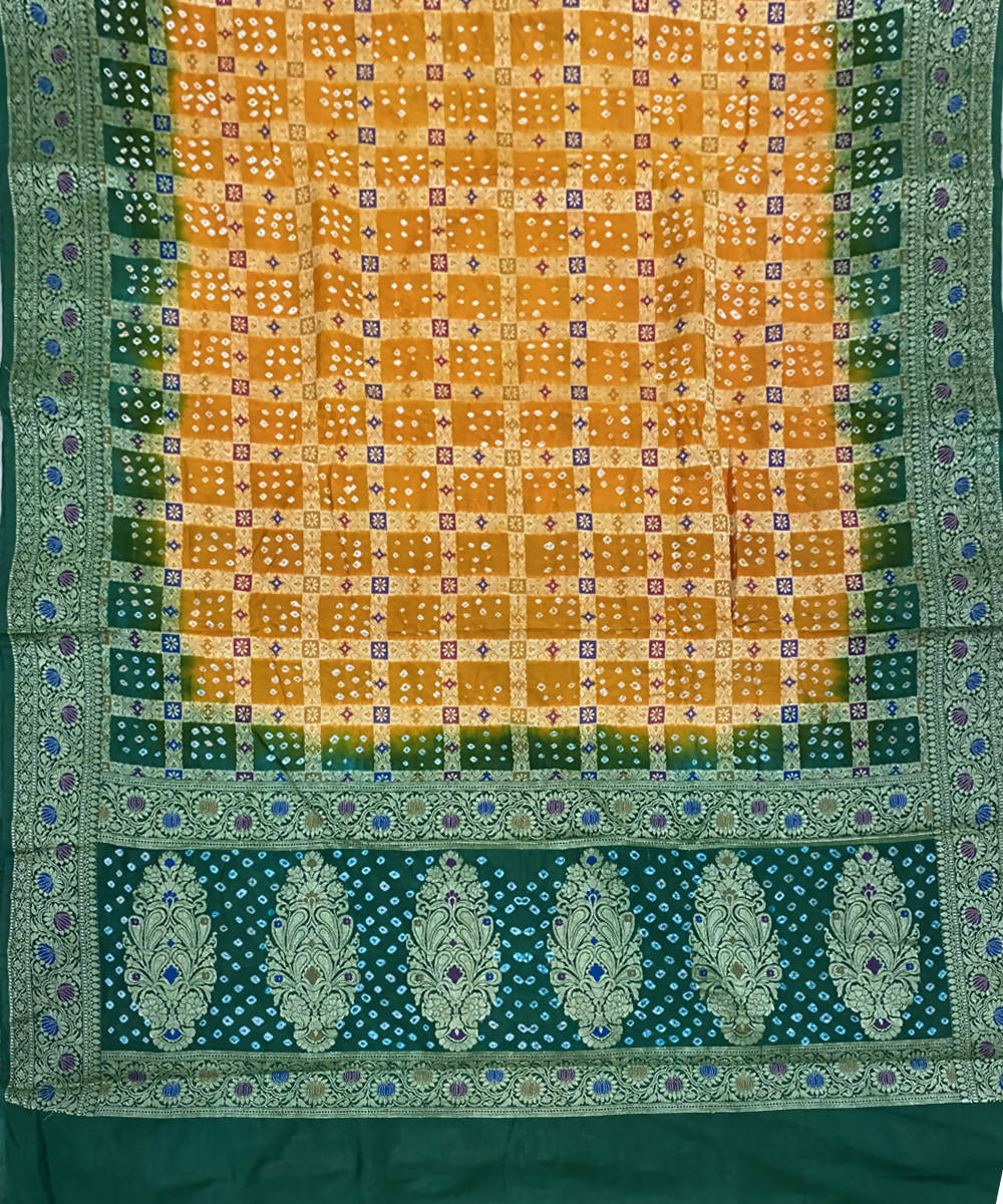 Green orange handcrafted tie dye bandhani silk saree