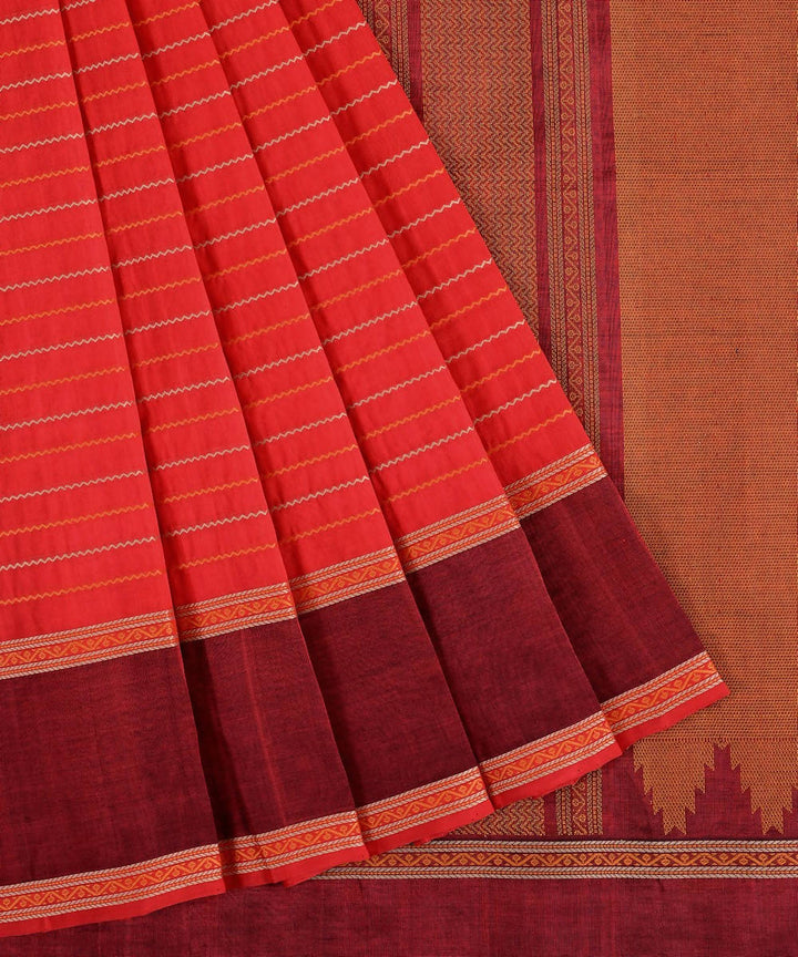 Red kanjivaram silk cotton thread work veldhari stripe saree