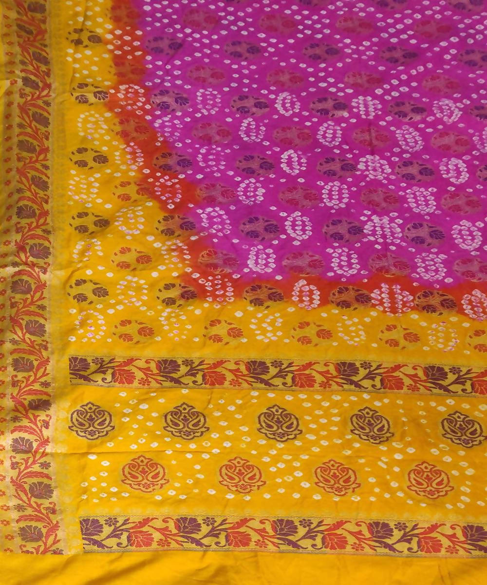 Pink Yellow Handprinted tie dye Bandhani Silk Saree