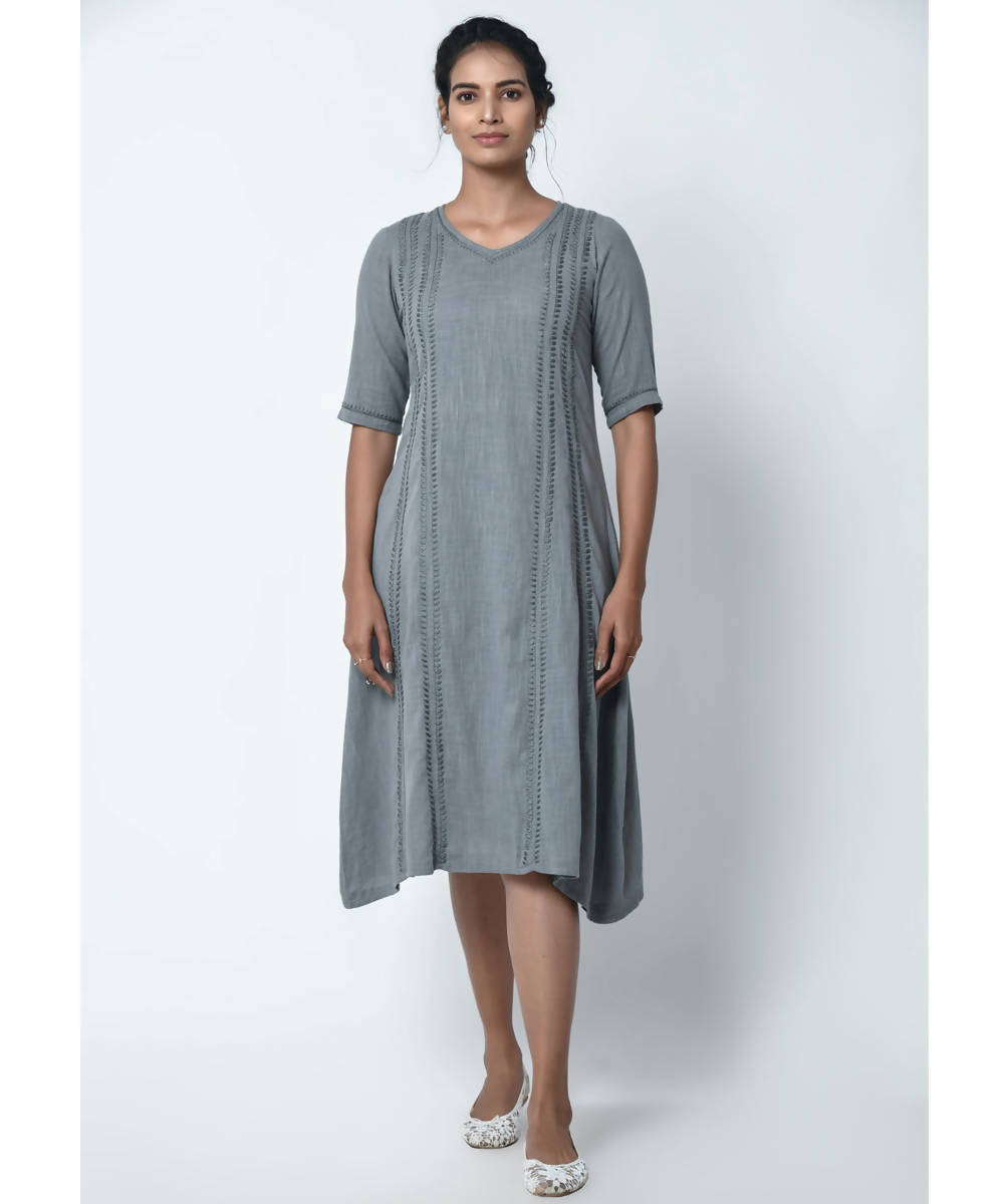 Chikankari Hand Embroidered Lava Grey Cotton Long Dress