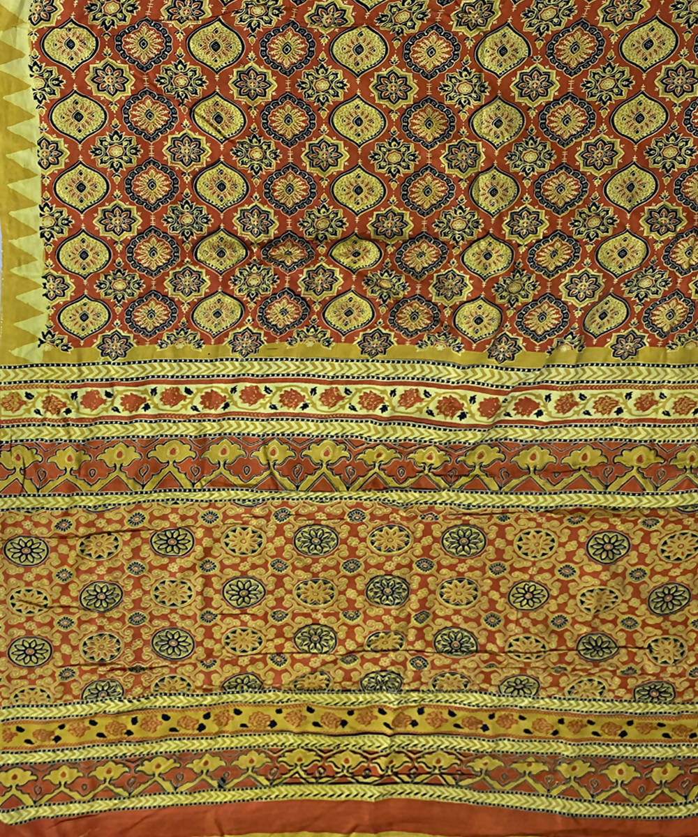 Yellow handblock print Silk saree