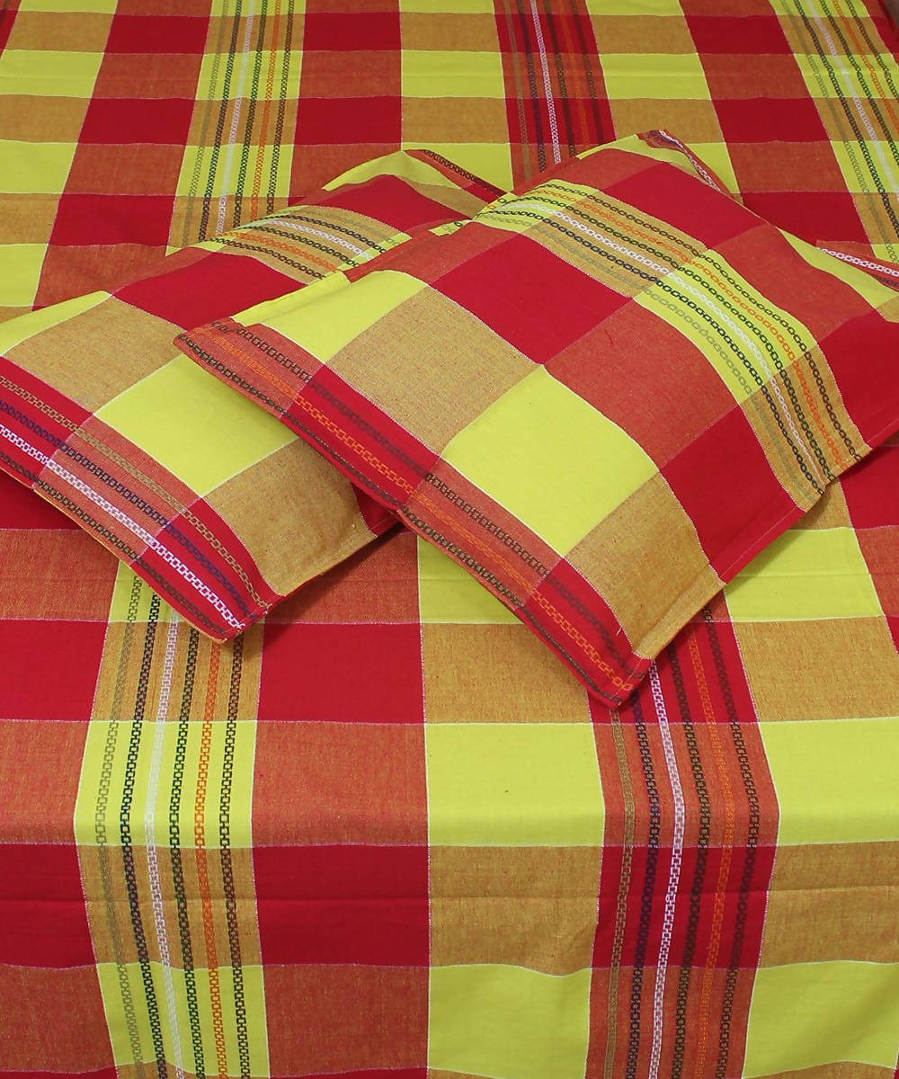 Red Yellow Checks Cotton Double Bed Sheet