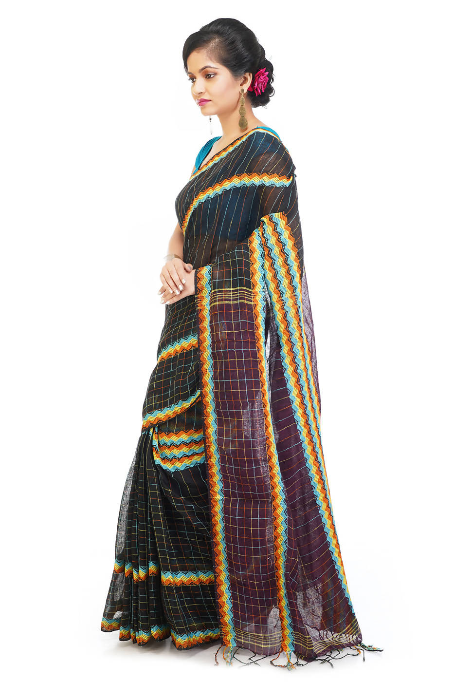 Black handloom bengal cotton and linen saree