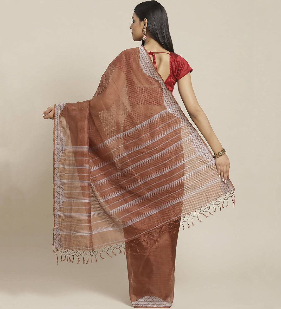 Biswa bangla handwoven brown kora silk saree